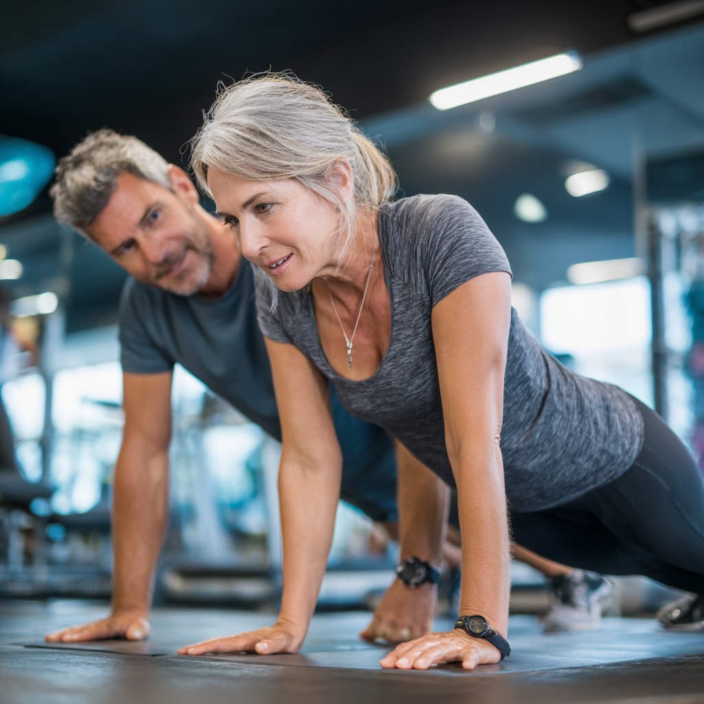 Жінка 52 років на індивідуальному тренуванні з персональним тренером у фітнес-залі