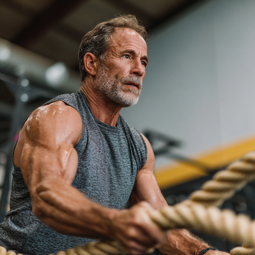Чоловік 58 років виконує кросфіт вправи з канатами в спортивному залі