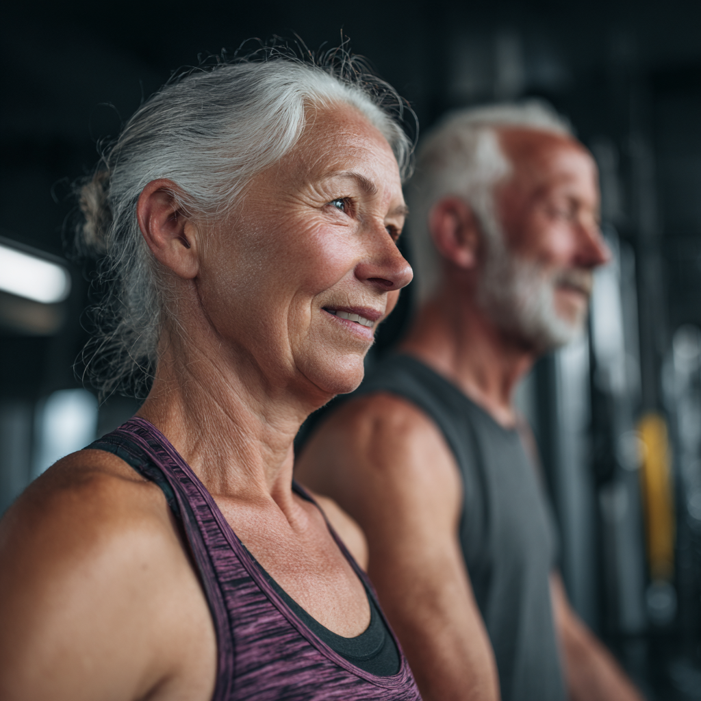 Пара 55-60 років разом займається фітнесом в сучасному спортивному залі