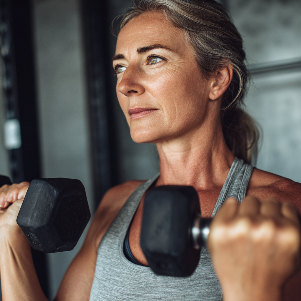 Активна жінка 55 років під час силового тренування з гантелями в сучасному фітнес-залі